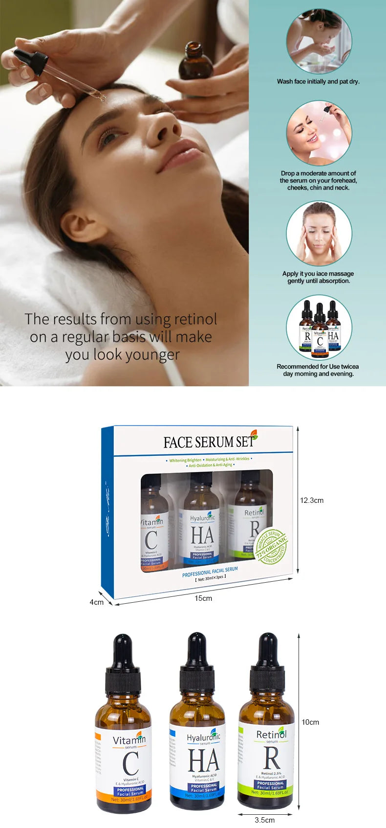 Facial Serums Skin Care Set / Vitamin C / Hyaluronic Acid / Retinol Serum for Face Anti Aging Serum